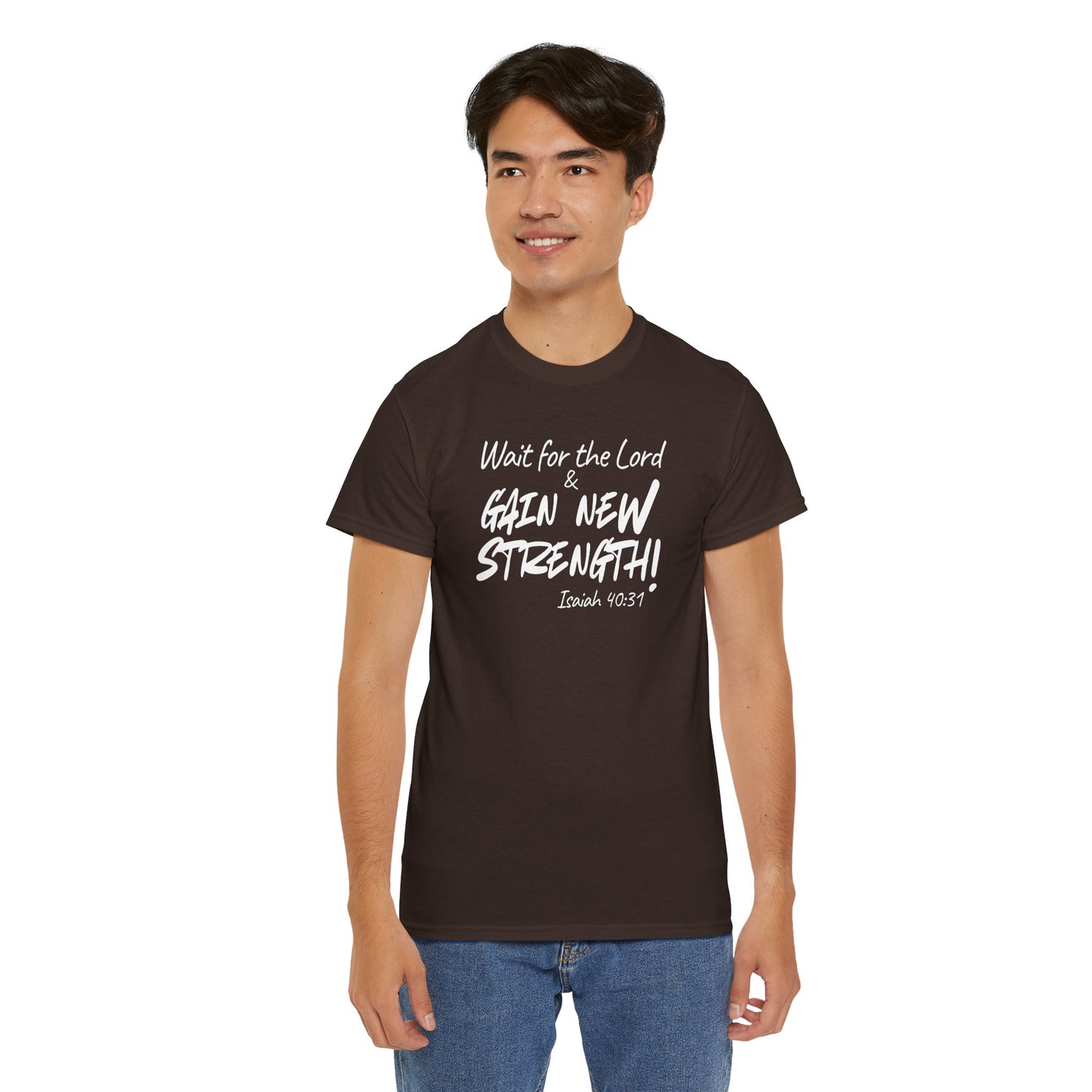 Faith T-Shirt — "Wait for the Lord & Gain New Strength" Isaiah 40:31 Christian Tee