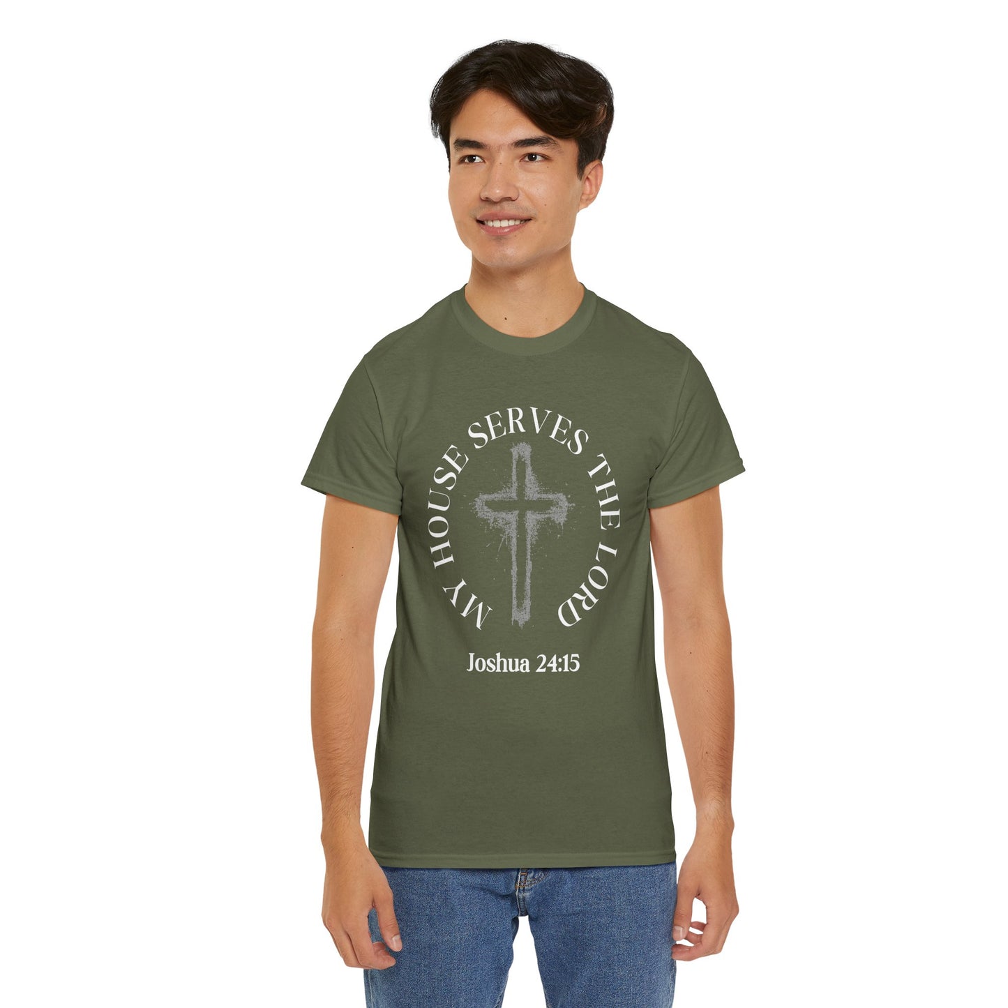 Christian T-Shirt — "As for Me and My House" Joshua 24:15 Cross Tee