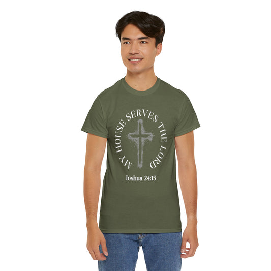 Christian T-Shirt — "As for Me and My House" Joshua 24:15 Cross Tee