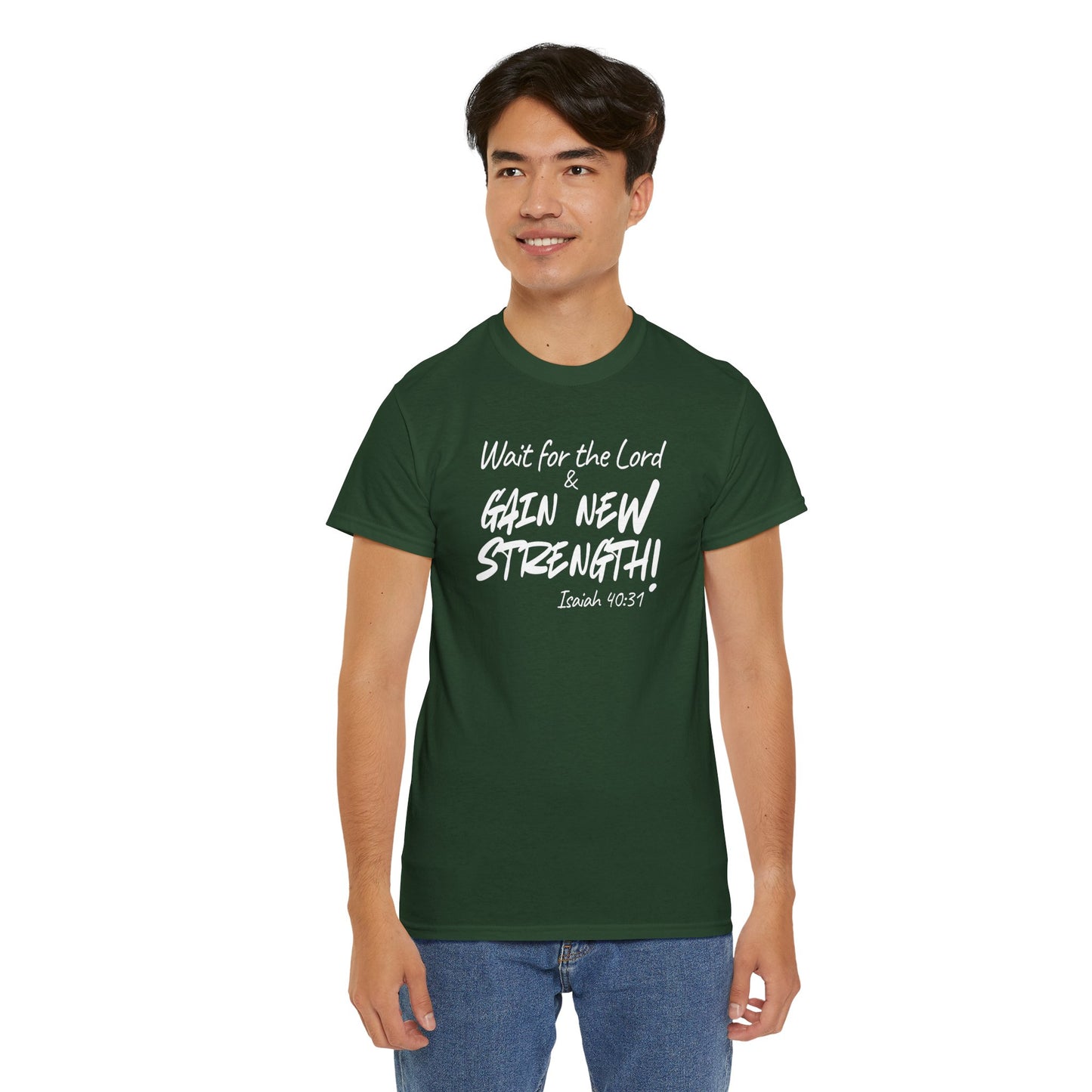 Faith T-Shirt — "Wait for the Lord & Gain New Strength" Isaiah 40:31 Christian Tee